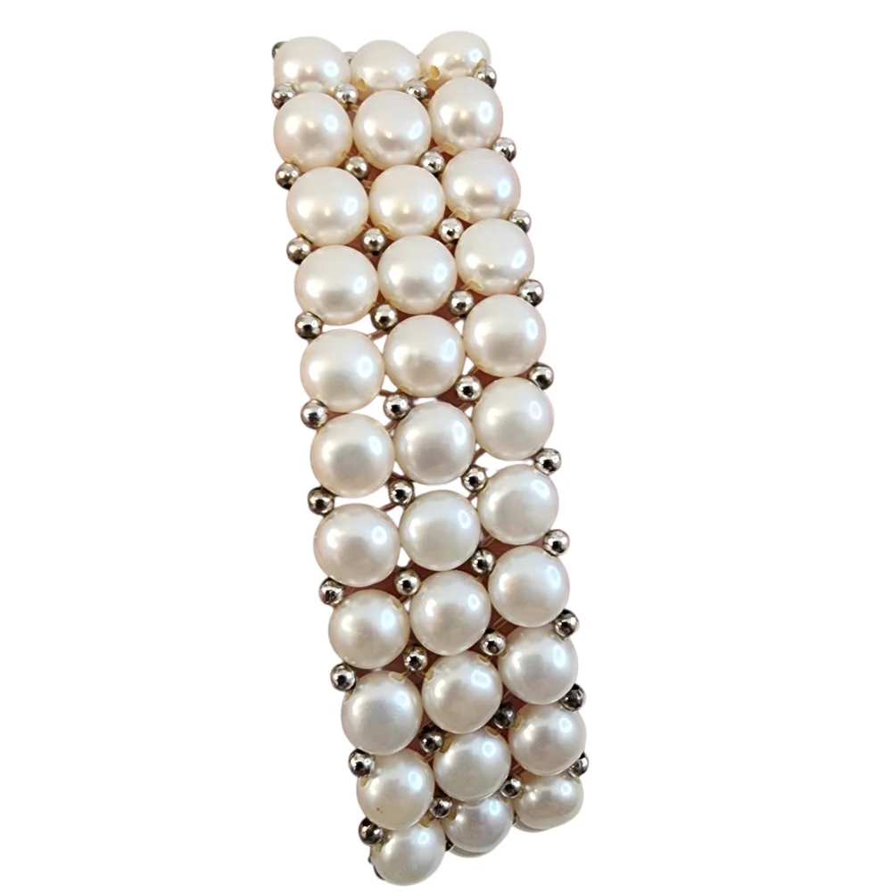 White Pearl Bracelet 3 Tiers Silver Beads Genuine Pearls Art Deco + A0362 Q7